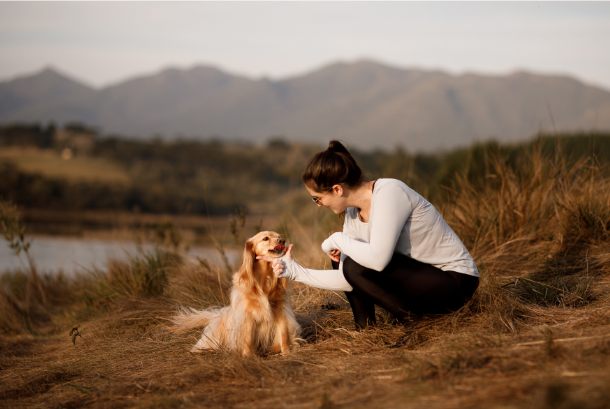 Veterinarian examining a small dog held by its owner